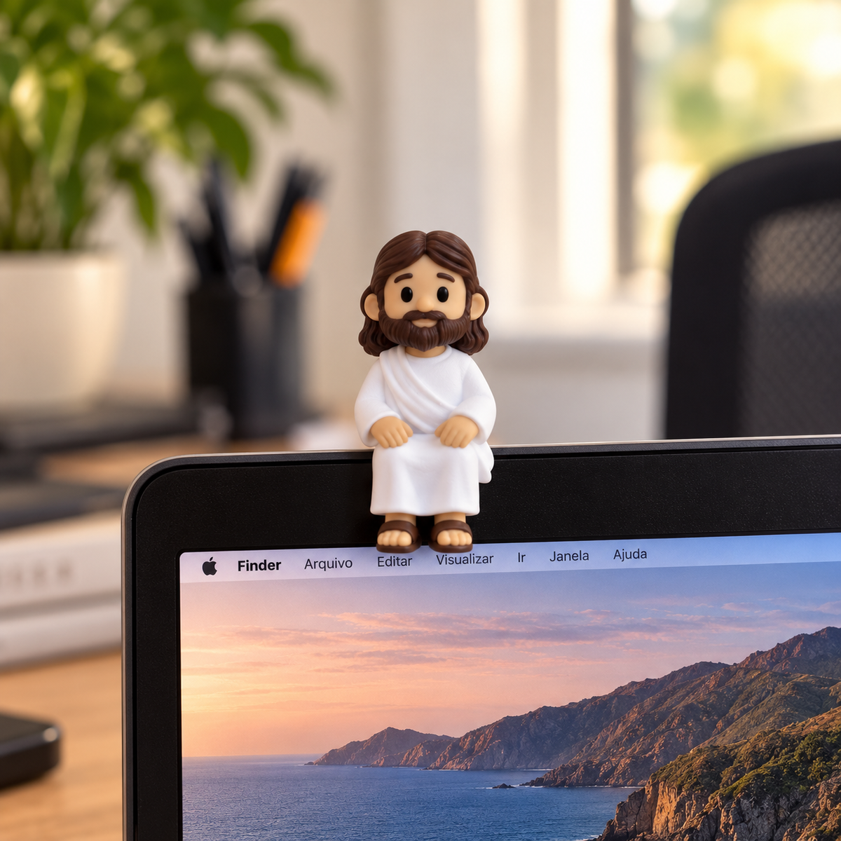 Mini Jesus, peça decorativa em ambiente de trabalho